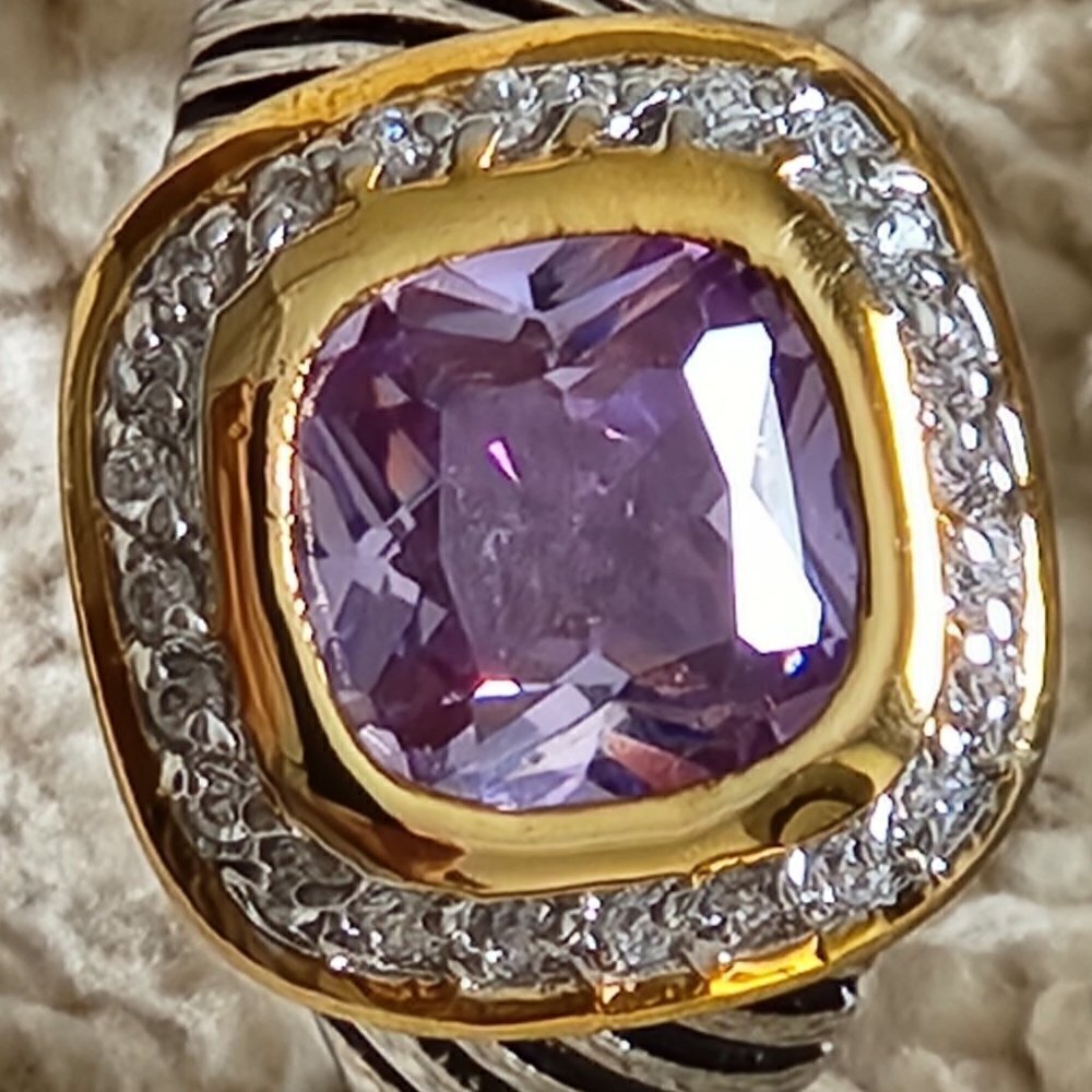 Faux Silver & Gold Amethyst Ring with Simulated Diamonds - Picture 1 of 5